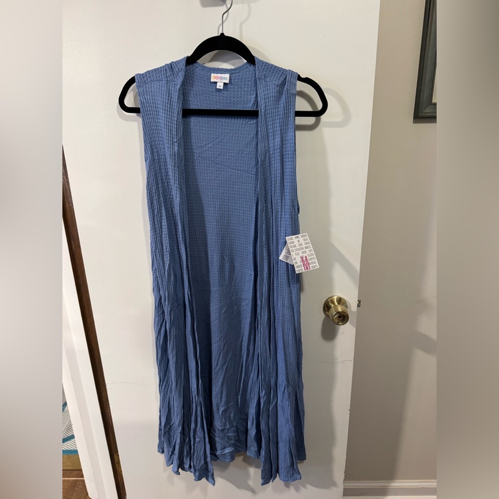 LuLaRoe Joy Open-Front Sleeveless Cardigan Sweater Vest Blue Knit Medium